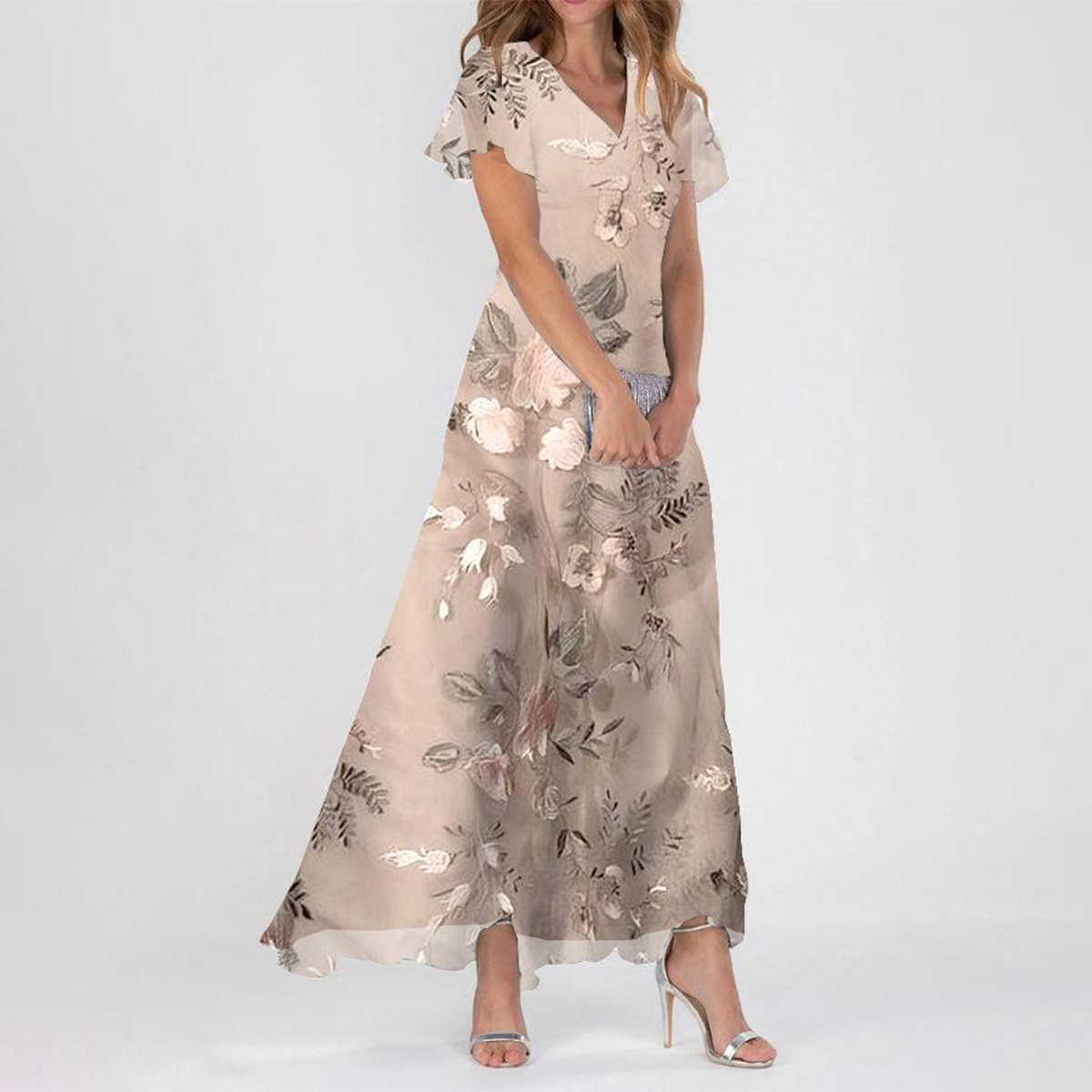 Champagne Floral Print Short Sleeve Maxi Dress