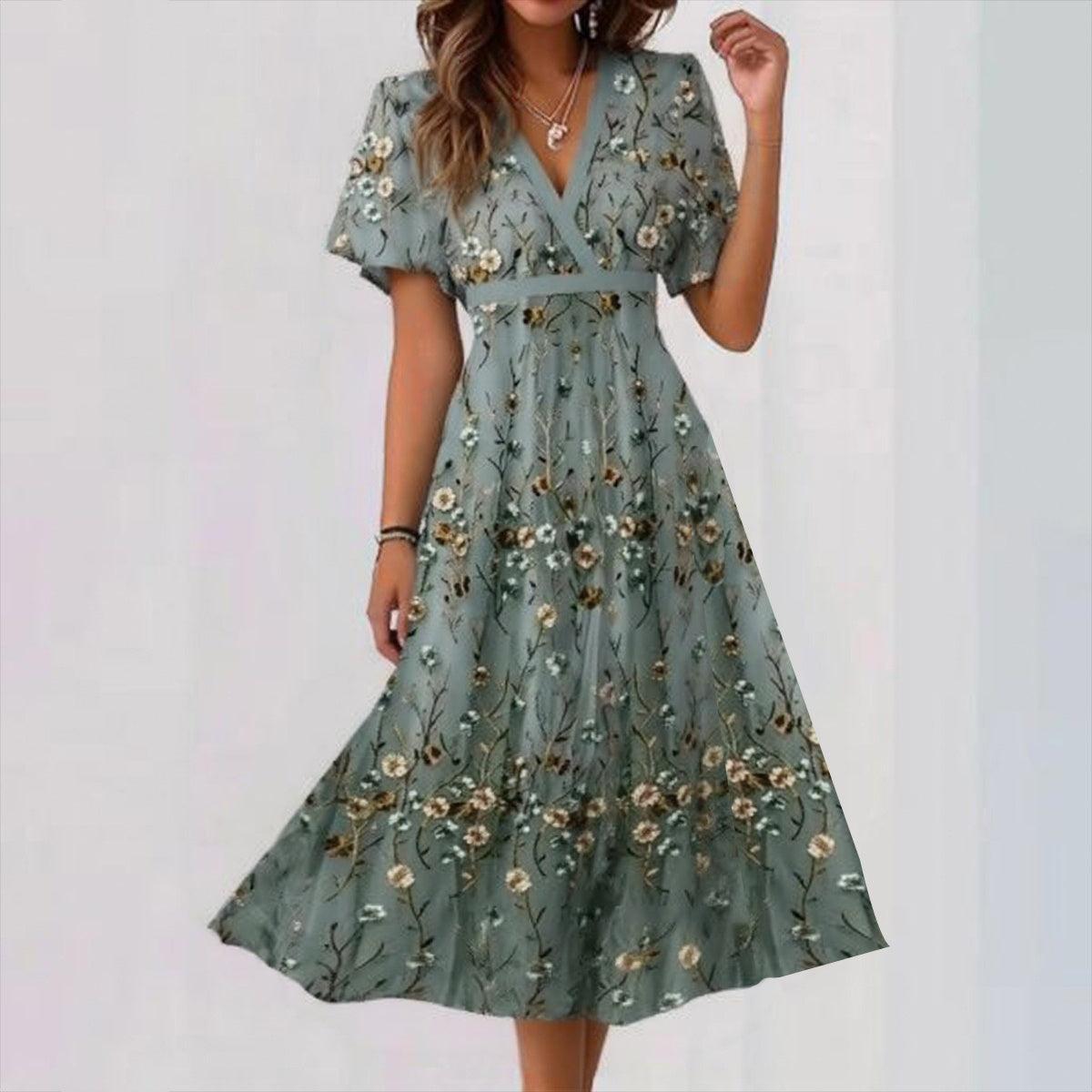 Stylish Floral Print Short Sleeve Midi Dress
