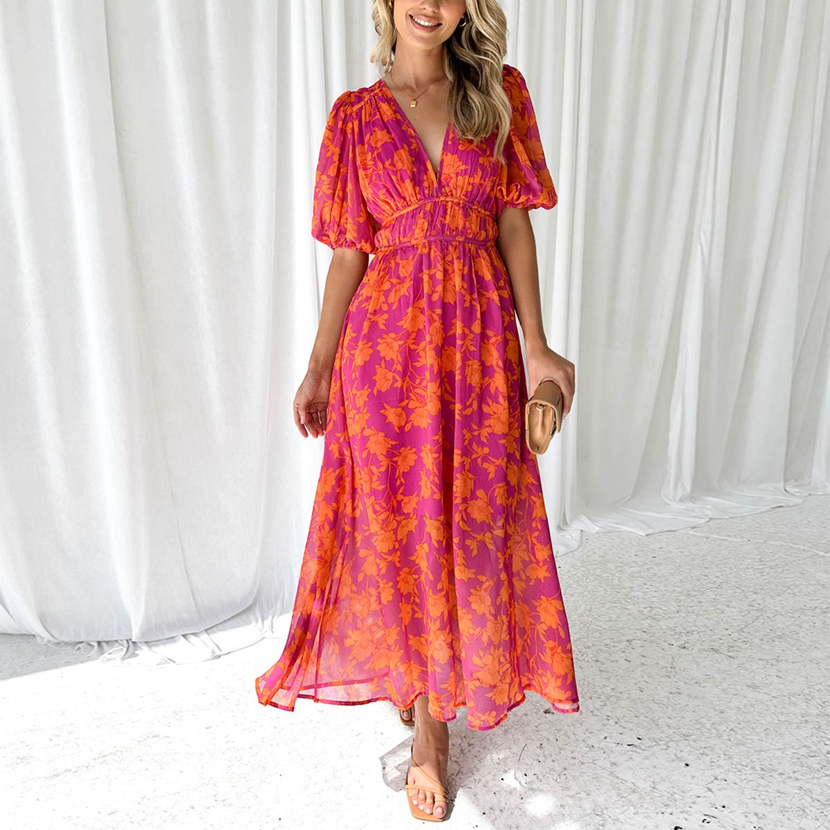 Watermelon V-Neck Maxi Dress