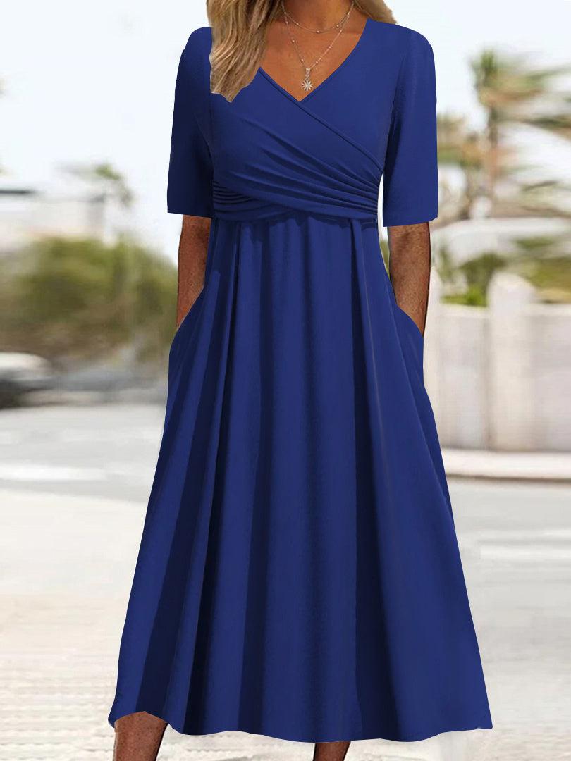 Blue Plain V-Neck Midi Dress