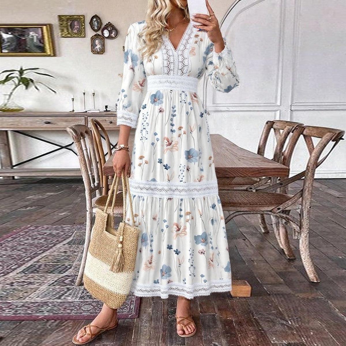 Breezy Plant Print V-Neck Maxi Dress