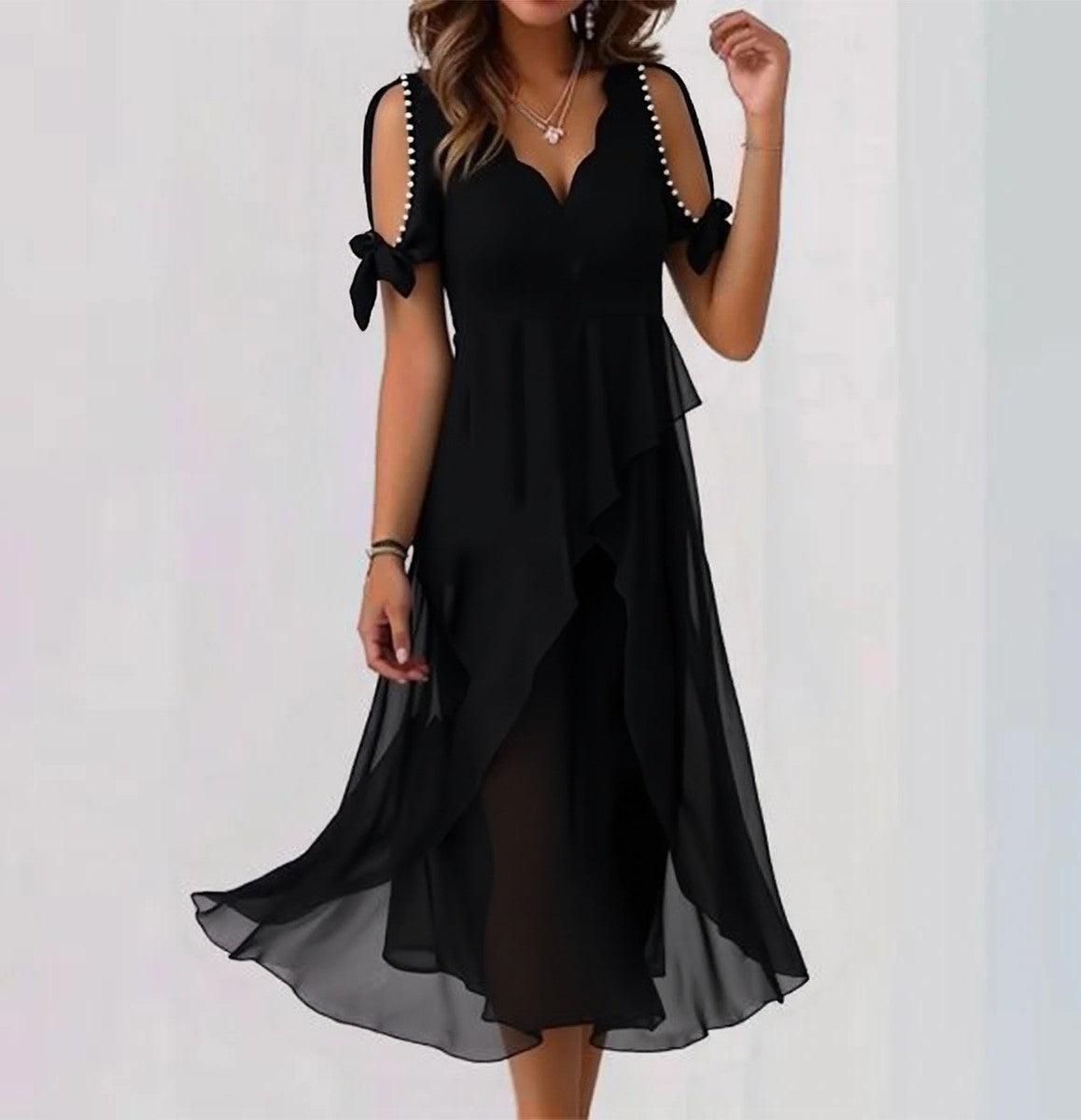 Black Plain V-Neck Midi Dress