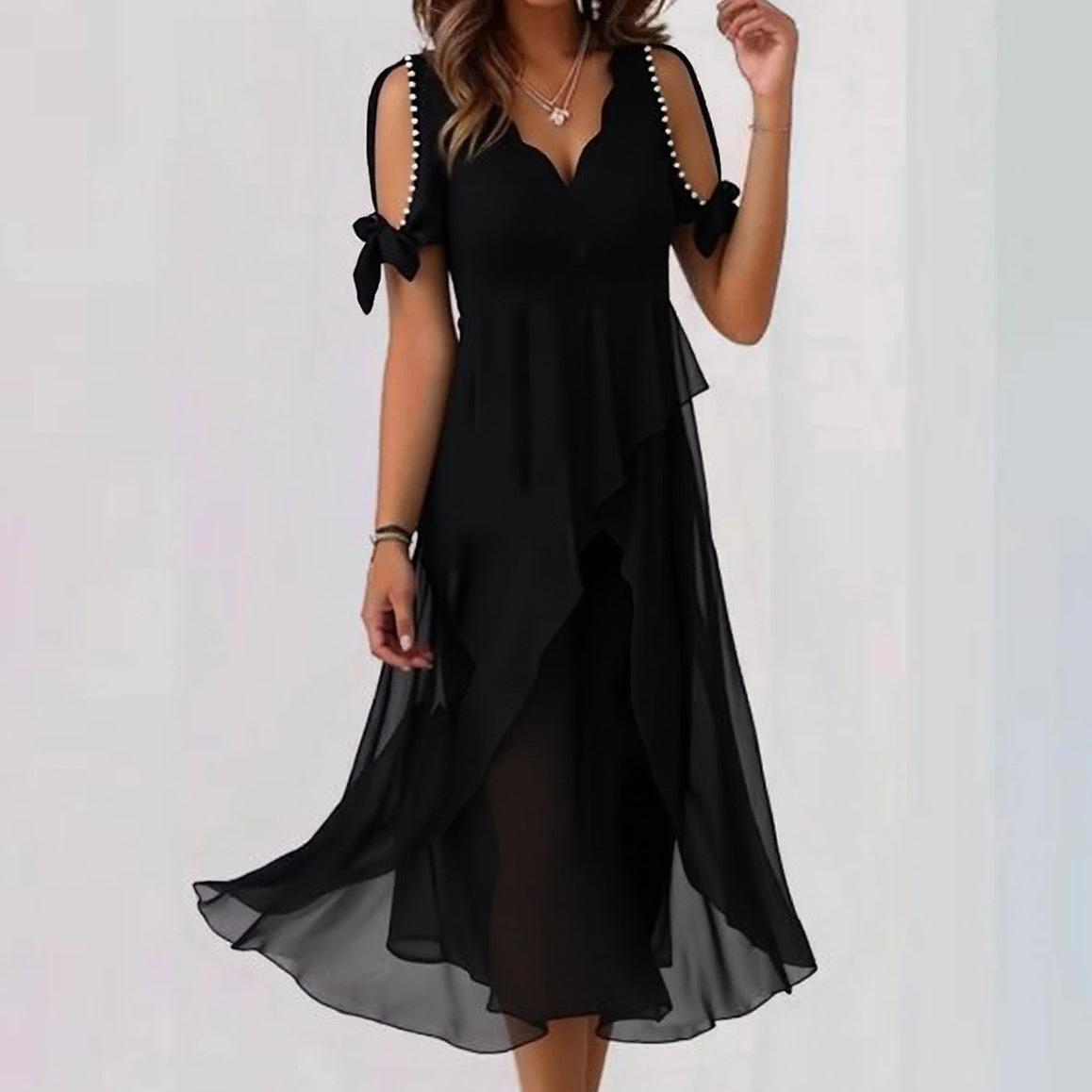 Black Plain V-Neck Midi Dress