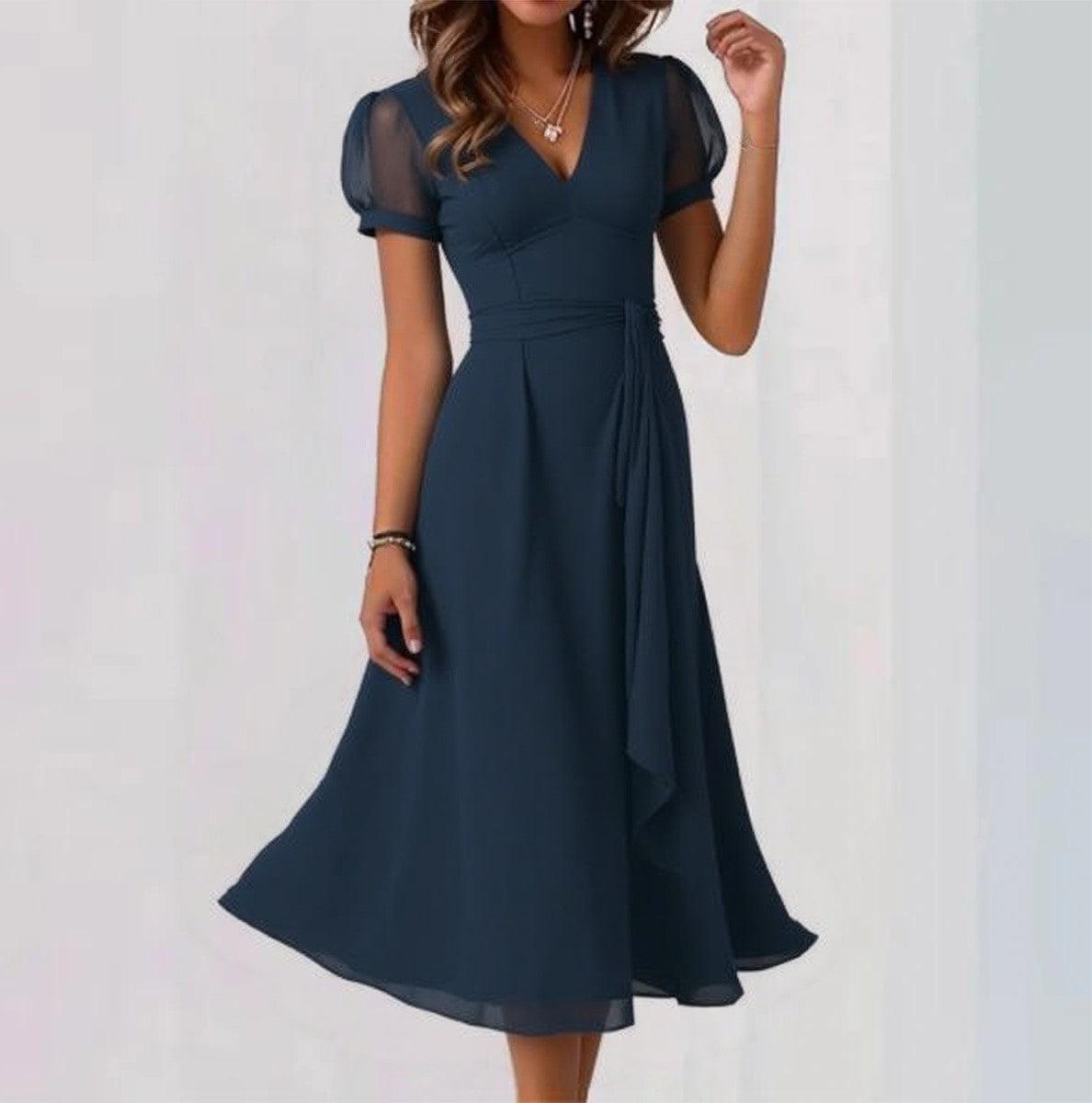 Navy Plain V-Neck Short Sleeve Midi Dress