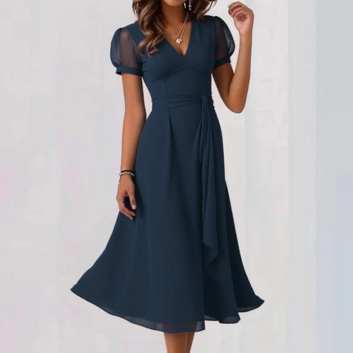 Navy Plain V-Neck Short Sleeve Midi Dress