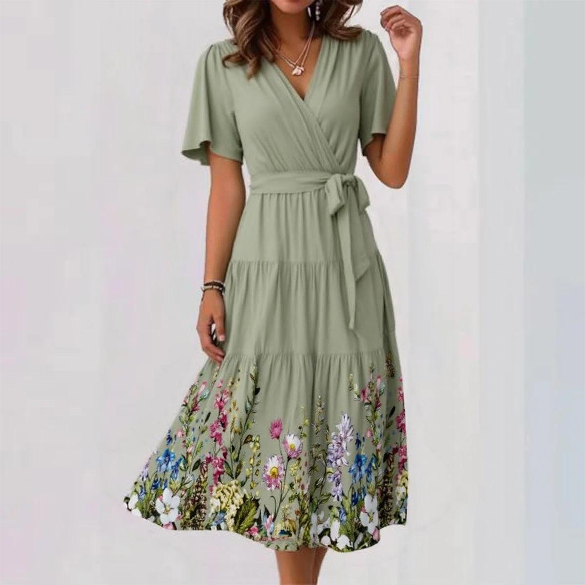Fresh Floral Print Short Sleeve Midi Dress