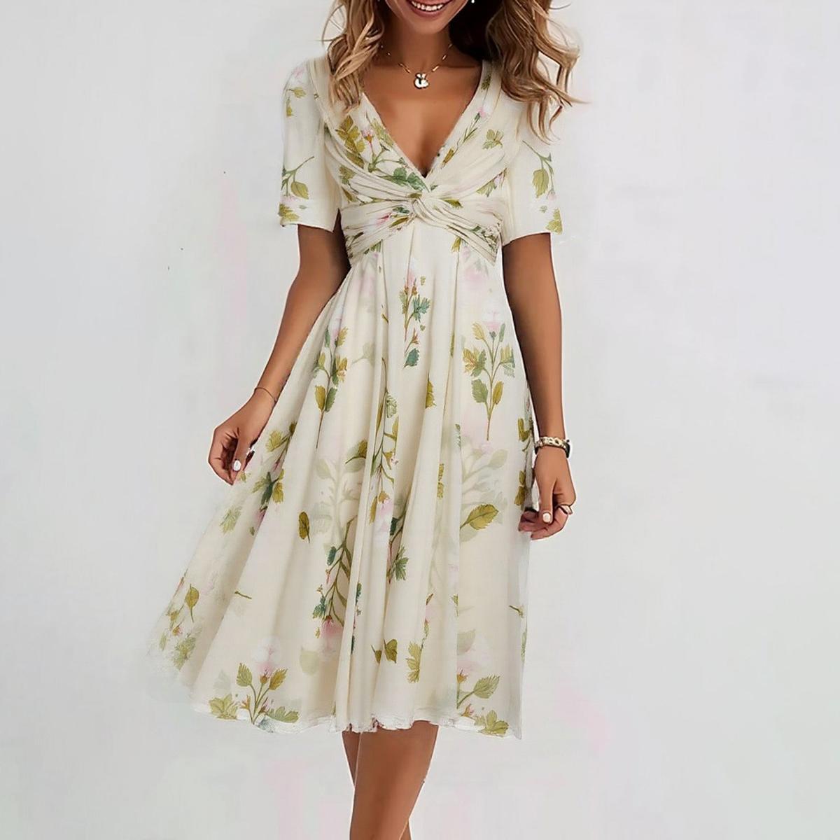 Popular V-Neck Short Sleeve Midi Dress